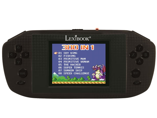 Lexibook handheld gaming console with black case, control buttons on sides, and screen displaying 300 IN 1 game menu with titles like Sky Wing and Fishing