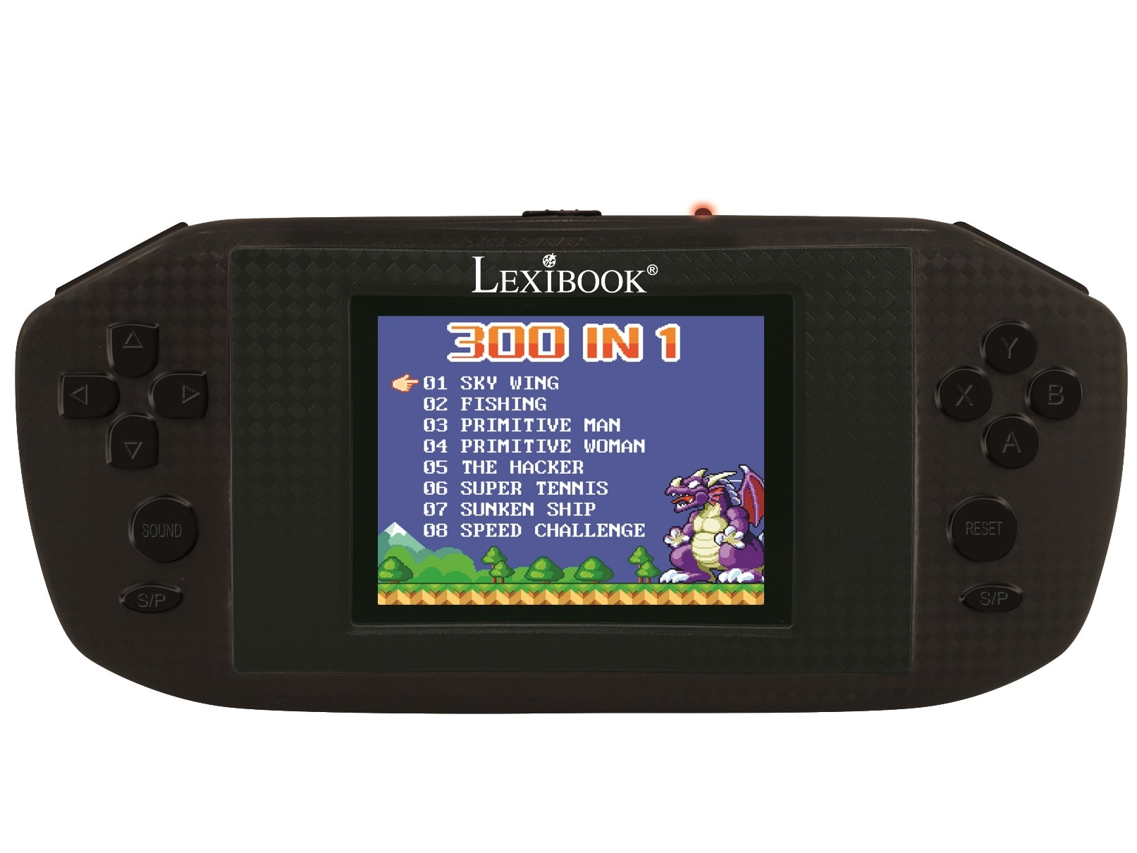 Lexibook black handheld gaming console displaying 300-in-1 game menu with titles like Sky Wing, Fishing, and Super Tennis