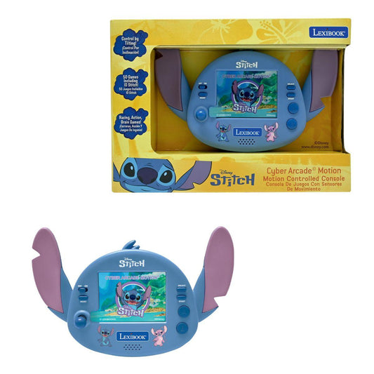 Disney Stitch Cyber Arcade Motion Console by Lexibook in blue with purple ear-shaped controllers, featuring screen displaying Stitch game, shown in packaging an