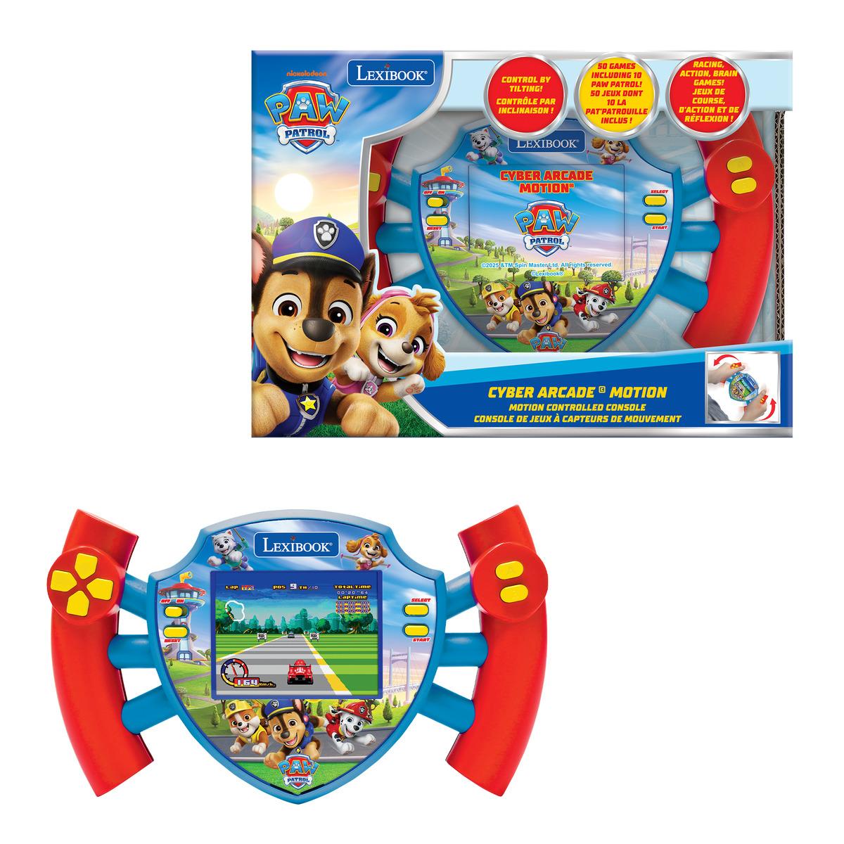 Paw Patrol Cyber Arcade Motion Console with blue shield-shaped screen, red motion-control handles with yellow buttons on sides, and Paw Patrol character graphic