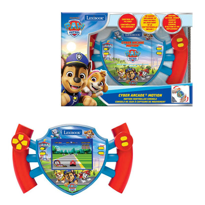 Paw Patrol Cyber Arcade Motion Console with blue shield-shaped screen, red motion-control handles with yellow buttons on sides, and Paw Patrol character graphic