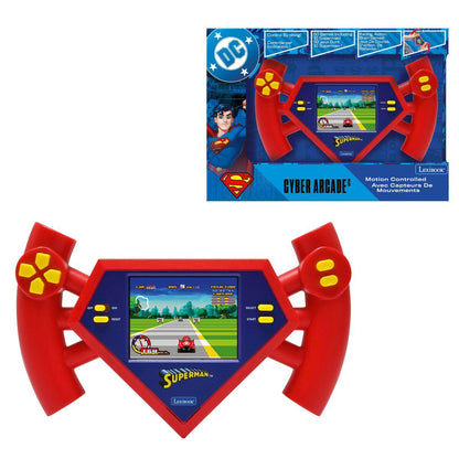 Superman Cyber Arcade motion-controlled handheld game console with red and blue housing, dual red controllers with yellow buttons, and 2.8-inch LCD screen displ