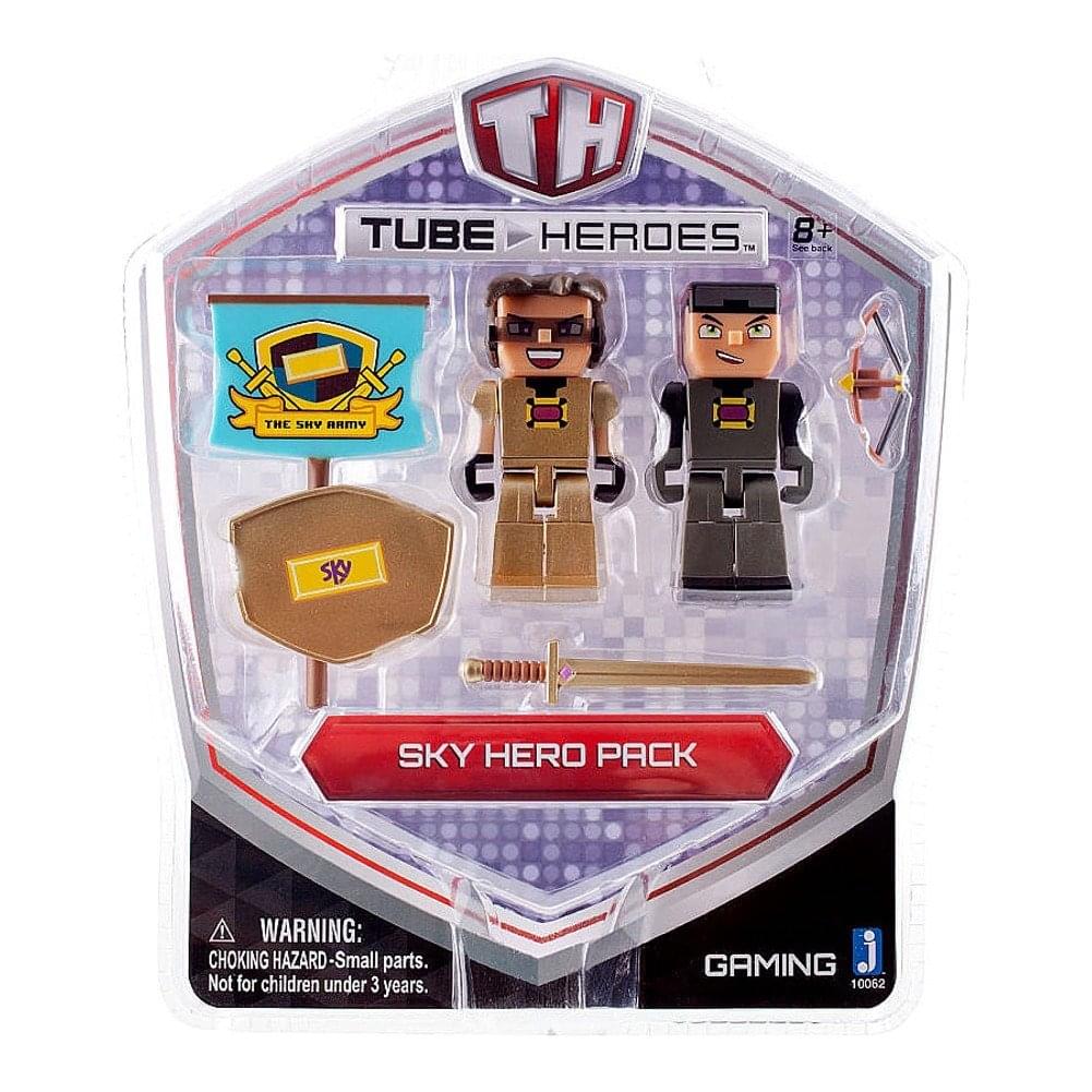 Tube Heroes Sky Hero Pack with two pixelated action figures in brown and black outfits, shield accessory, sword, flag, and Sky Army banner on purple display car