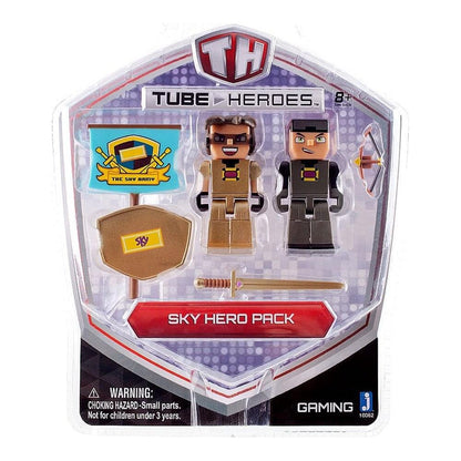 Tube Heroes Sky Hero Pack with two pixelated action figures in brown and black outfits, shield accessory, sword, flag, and Sky Army banner on purple display car