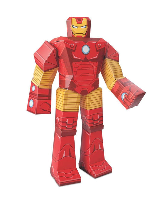 Red and gold articulated Iron Man action figure with geometric armor plating, blue glowing chest piece, and yellow striped arm and leg sections