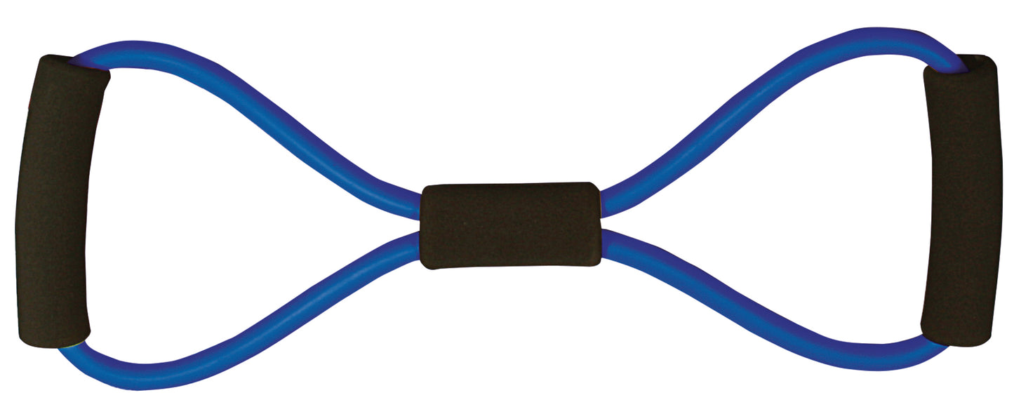 Blue figure-8 resistance tubing with black foam handles on each end and center grip