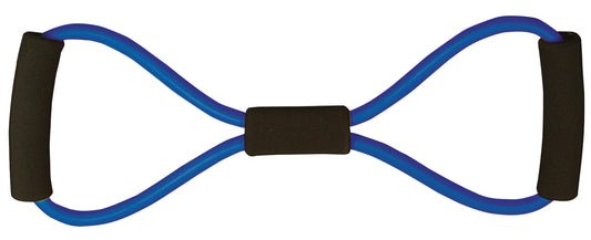 Blue figure-8 resistance tubing with black foam handles on each end and center grip