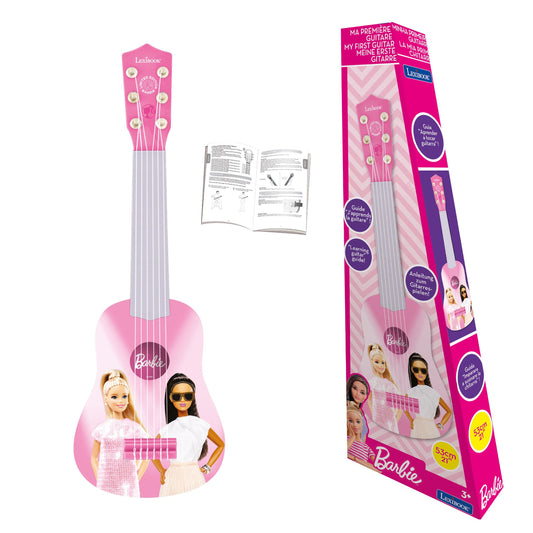 Barbie My First Guitar 53cm pink musical toy with white neck and Barbie graphics, shown unboxed on left and packaged in branded box on right, includes instructi