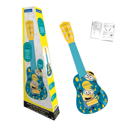 Lexibook blue and yellow Minions-themed first guitar, 53cm, shown in packaging and as standalone instrument with instruction manual