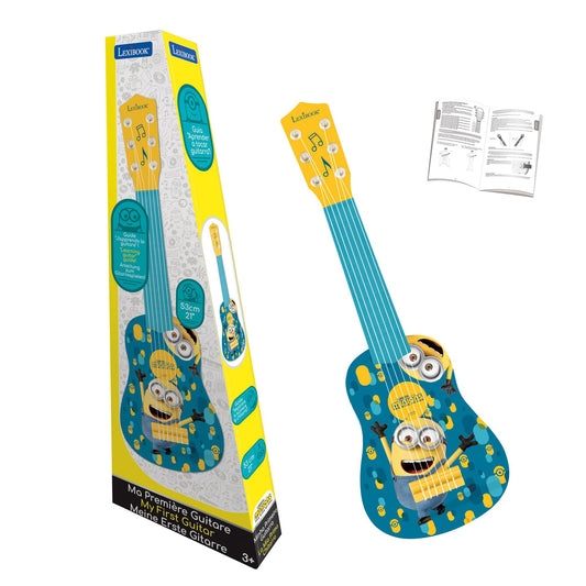 Lexibook blue and yellow Minions-themed first guitar, 53cm, shown in packaging and as standalone instrument with instruction manual