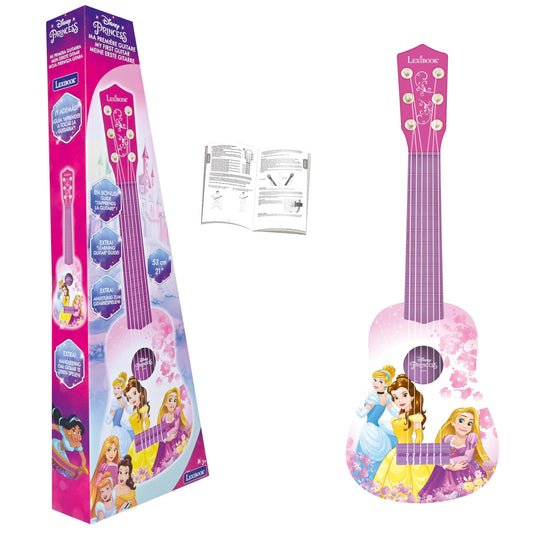 Disney Princess My First Guitar by Lexibook in pink, shown in packaging and as assembled instrument with princess characters on body