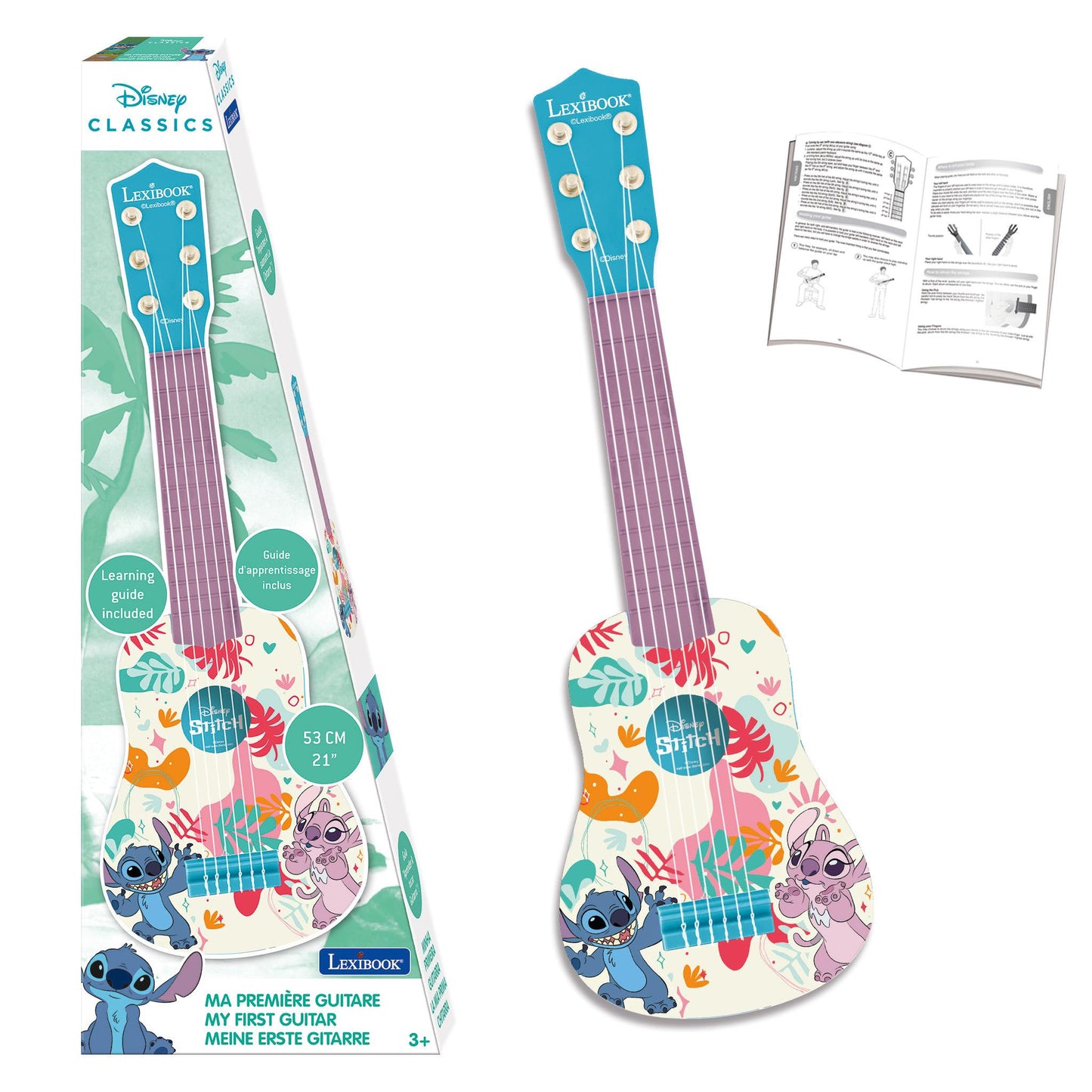 Disney Classics Lexibook plastic guitar, 53 cm, featuring Stitch and Angel characters with colorful tropical floral design, includes learning guide, shown in pa