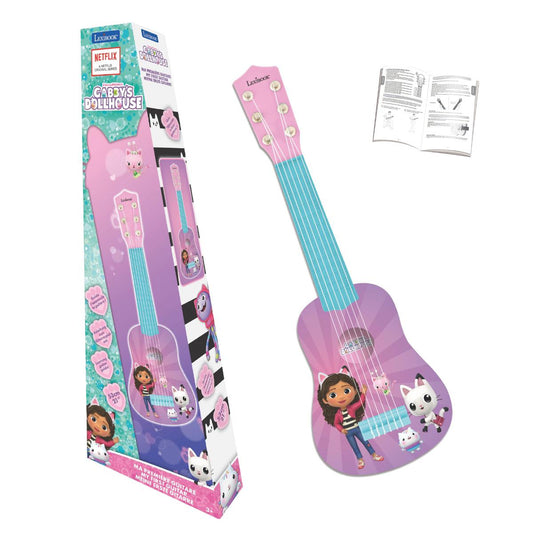 Gabby's Dollhouse First Guitar for Kids in pink and turquoise, shown in packaging, as individual guitar, and instruction manual pages