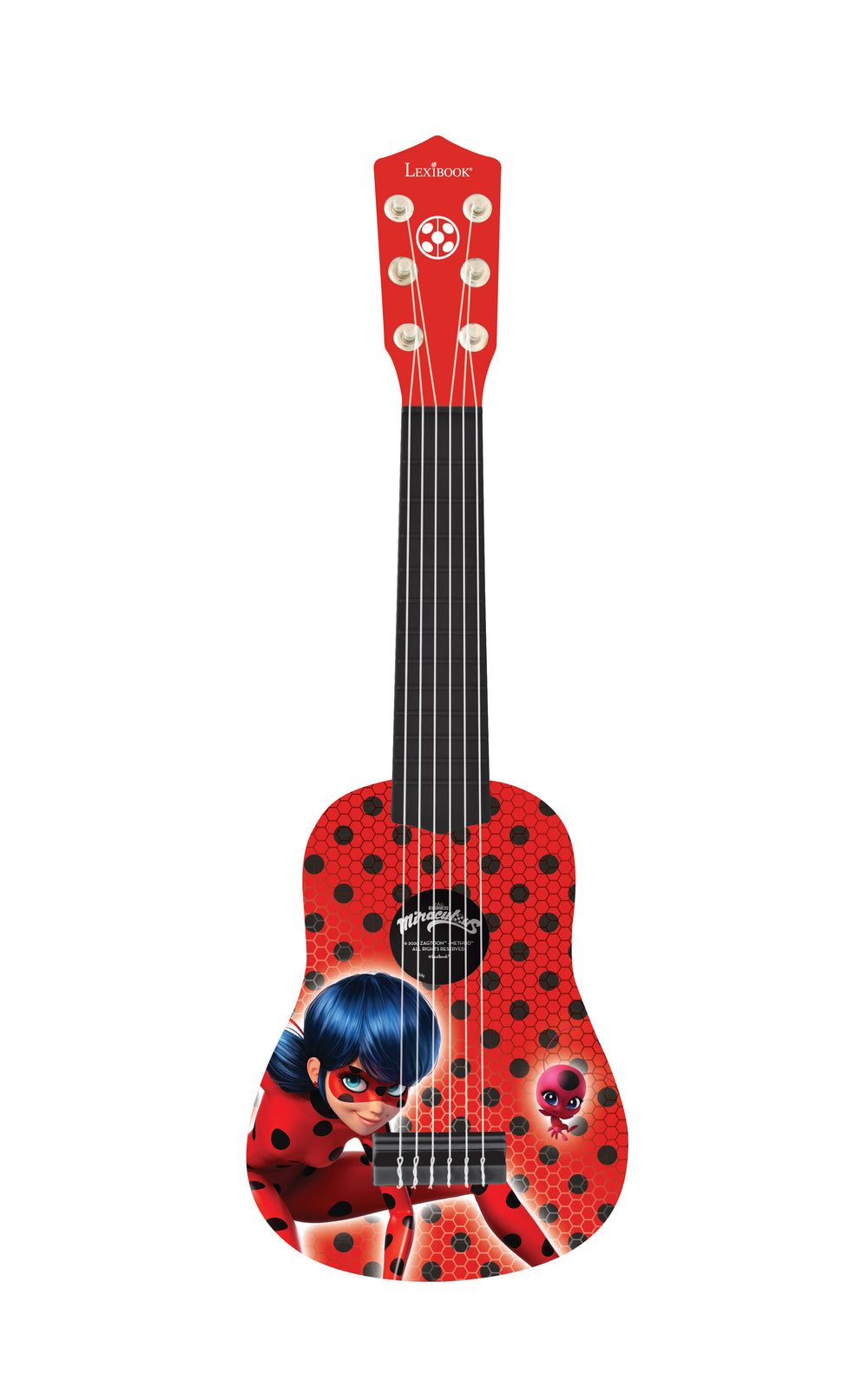Red and black toy guitar with Miraculous Ladybug character design, silver tuning pegs, and black fretboard