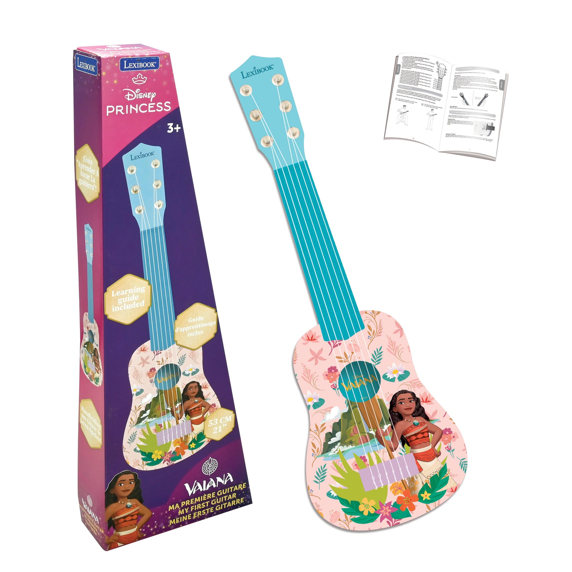 Lexibook Moana beginner's nylon string guitar with turquoise neck and pink flower-patterned body, shown with packaging box and instruction guide