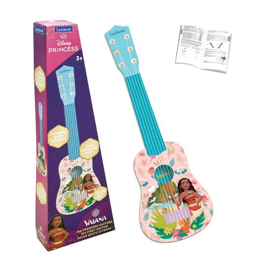 Lexibook Moana beginner's nylon string guitar with turquoise neck and pink flower-patterned body, shown with packaging box and instruction guide