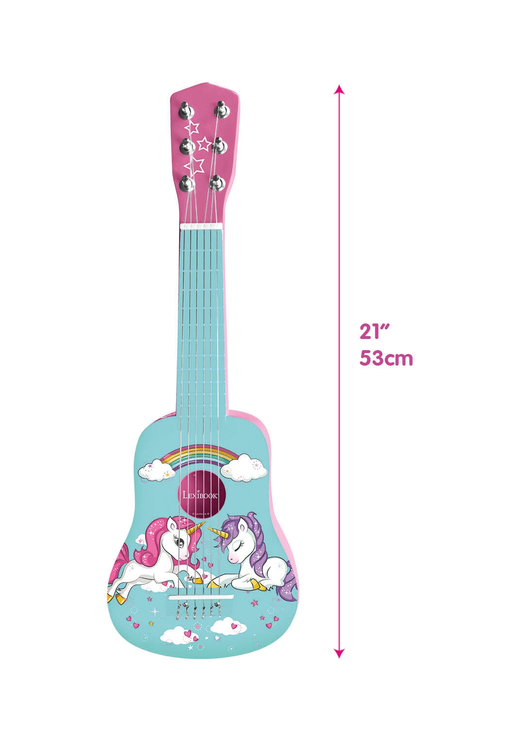 Turquoise and pink wooden guitar with unicorn and rainbow design, 21 inches tall, pink headstock with silver tuning pegs and star details