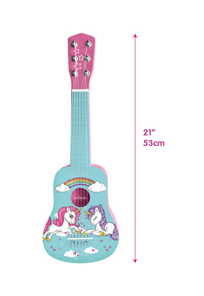 Turquoise and pink wooden guitar with unicorn and rainbow design, 21 inches tall, pink headstock with silver tuning pegs and star details