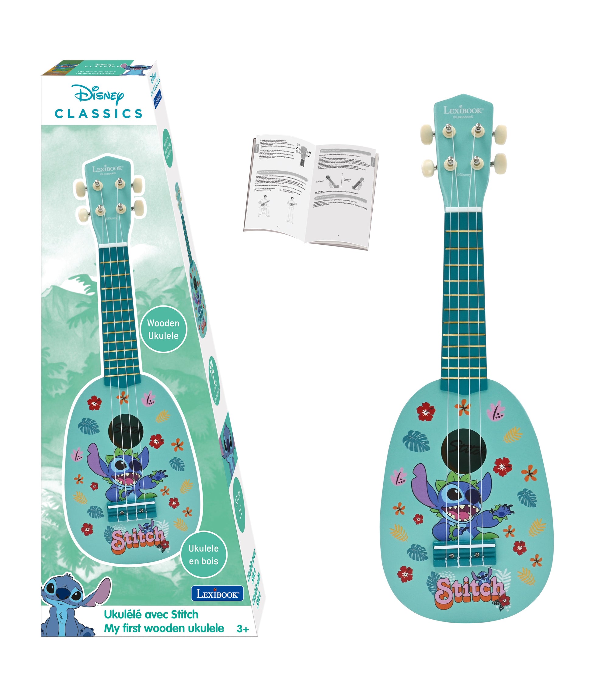 Disney Classics Stitch wooden ukulele with turquoise body, featuring Stitch character and tropical flowers, includes instruction manual and four cream-colored t
