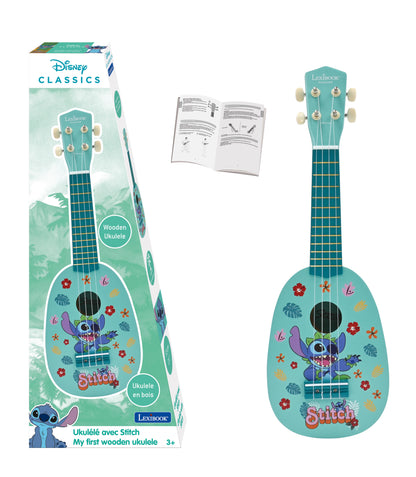 Disney Classics Stitch wooden ukulele with turquoise body, featuring Stitch character and tropical flowers, includes instruction manual and four cream-colored t