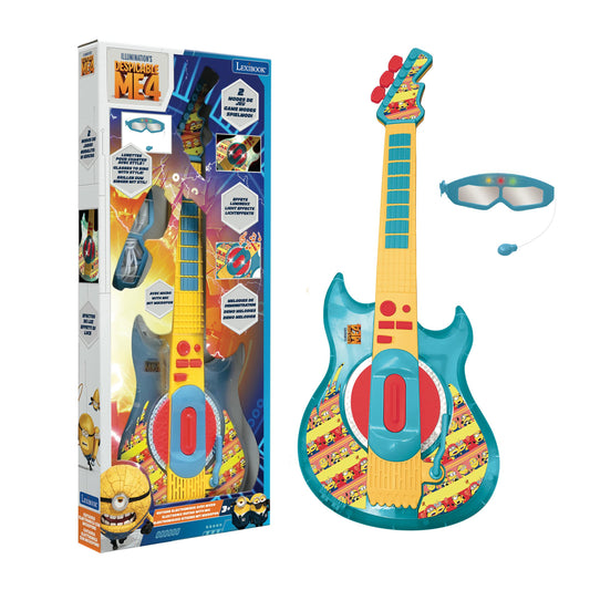 Despicable Me electronic guitar with turquoise and yellow body, red buttons, built-in microphone, and blue-tinted glasses included