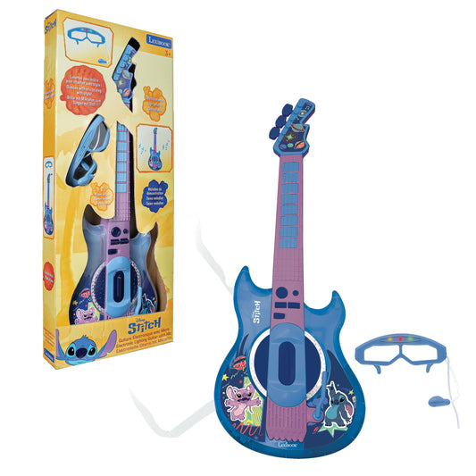 Stitch-themed electric guitar with blue and purple body, includes microphone, sunglasses accessory, and microphone stand on plain background