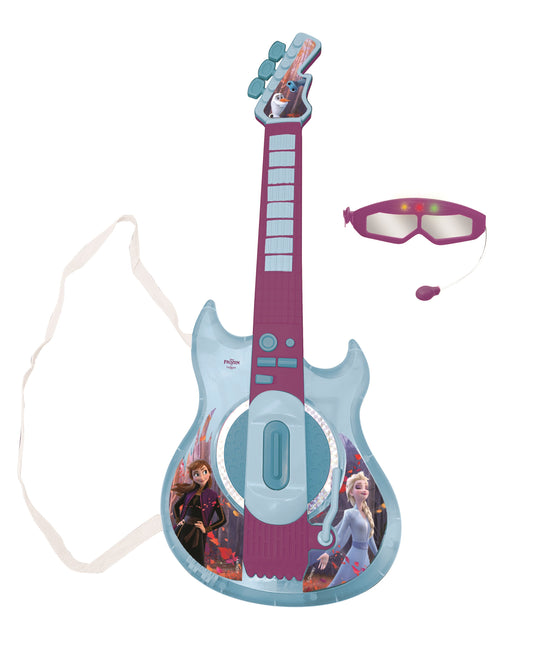 Frozen-themed electronic guitar with light-up neck and body, purple and blue coloring, includes microphone headset and white shoulder strap