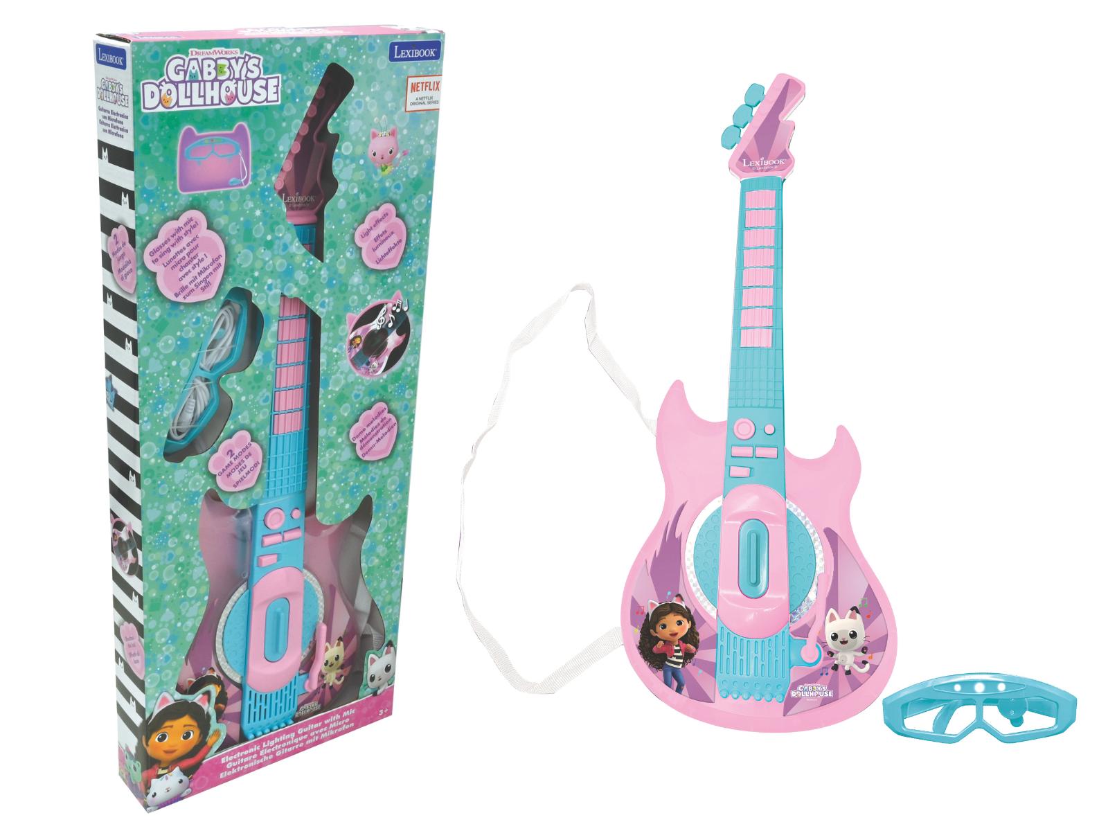 Gabby's Dollhouse Rockstar Lighting Guitar with pink body, turquoise neck, includes detachable microphone and light-up glasses