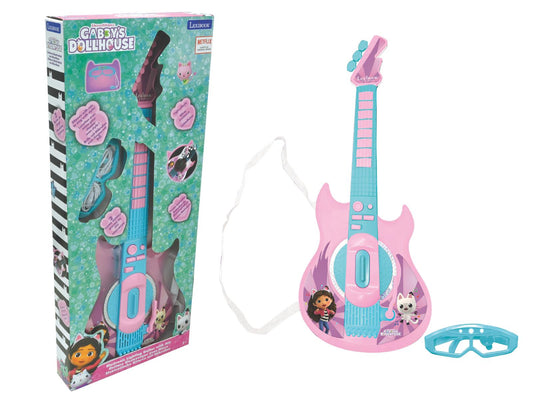 Gabby's Dollhouse Rockstar Lighting Guitar with pink body, turquoise neck, includes detachable microphone and light-up glasses