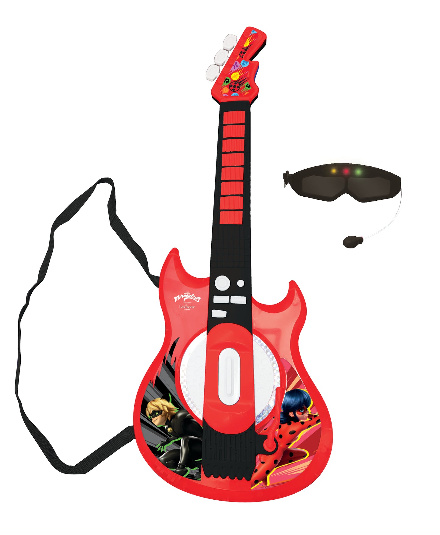 Red electronic guitar with black neck and colorful character graphics, includes black shoulder strap and black light-up visor accessory