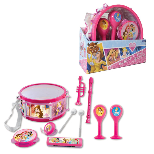 Disney Princess 7-piece musical instrument set including pink drum with shoulder strap, trumpet, recorder, maracas, harmonica, and two character-themed egg shak