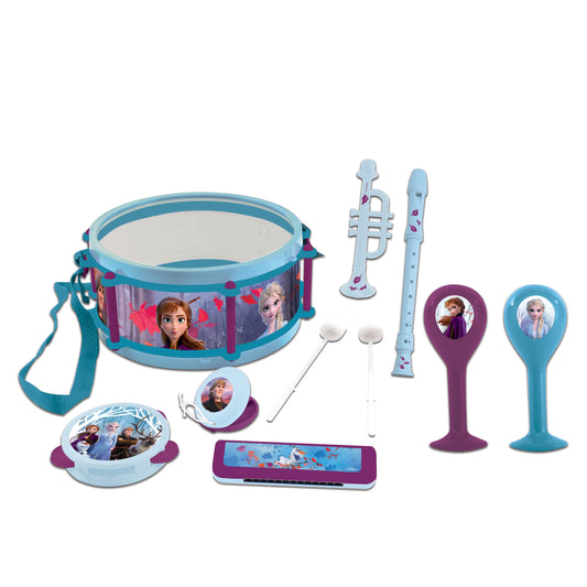 Disney Frozen musical instrument playset with blue drum, recorder, harmonica, maracas, and cymbals featuring Anna and Elsa graphics