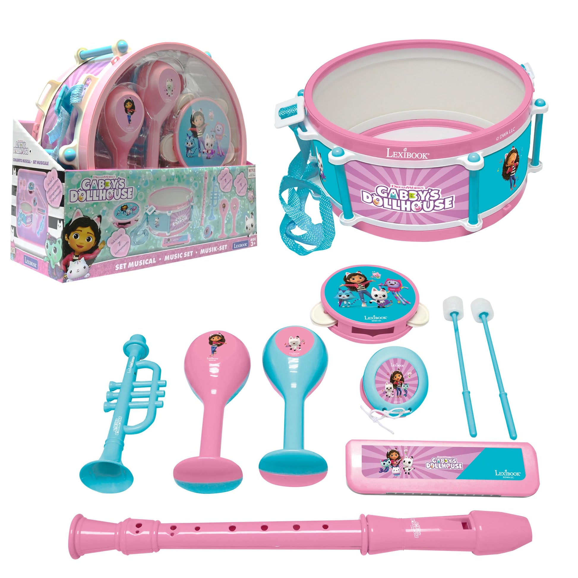 Gabby's Dollhouse 7-piece musical playset including pink and turquoise drum with handles, trumpet, maracas, whistles, and microphone, displayed with packaging
