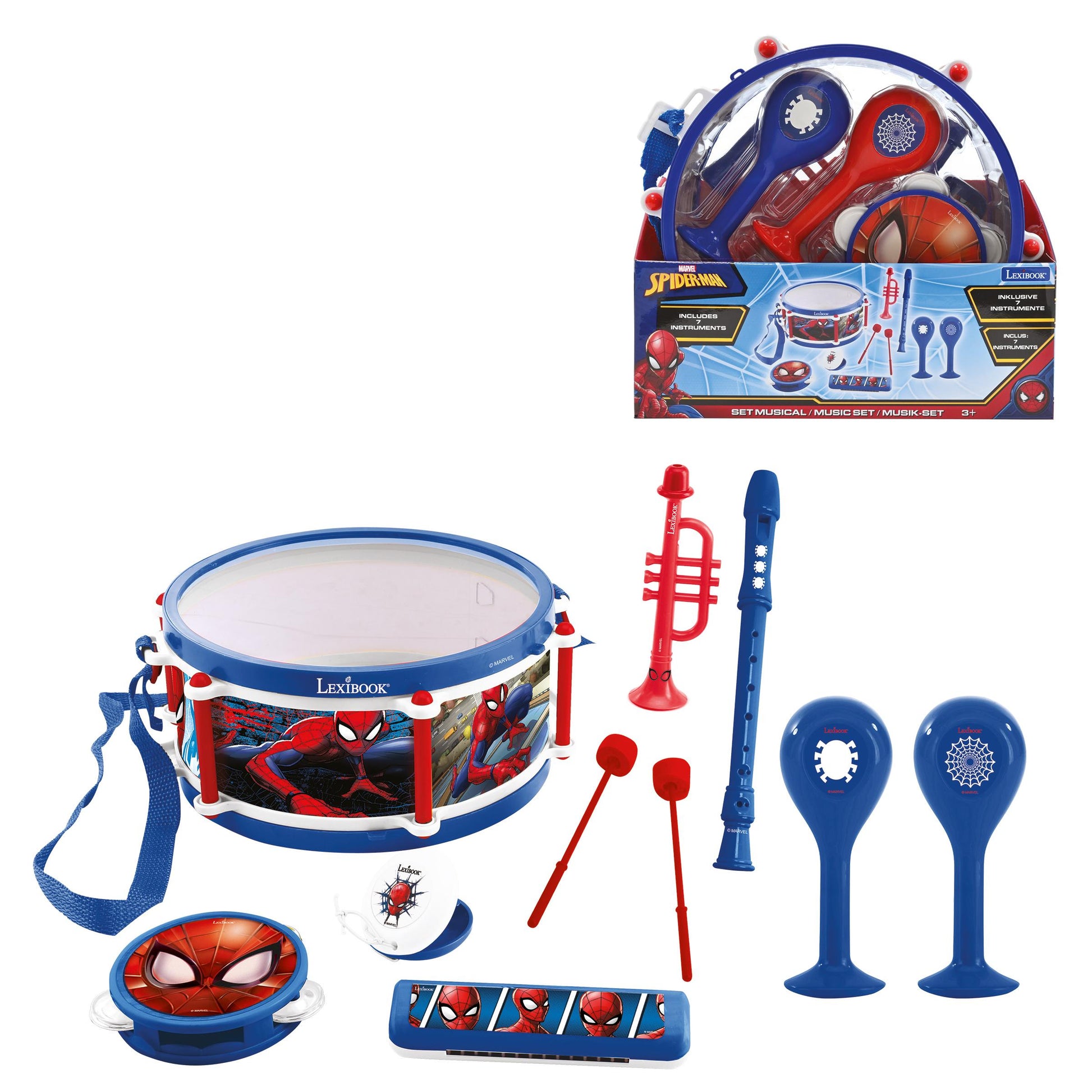 Spider-Man 7-piece beginner musical instrument set by Lexibook including drum with strap, recorder, trumpet, maracas, shakers, and two blue mallets on display