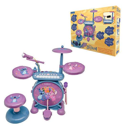 Stitch 3-in-1 Electronic Drum Set with purple and blue drums, keyboard, cymbals, and seat on plain background, shown assembled and in retail box