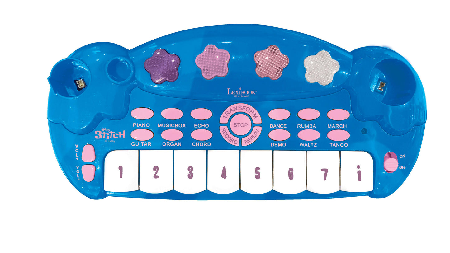 Blue electronic piano keyboard with Disney Stitch branding, pink flower-shaped buttons, music mode buttons, transform record function dial, numbered keys 1-8, a