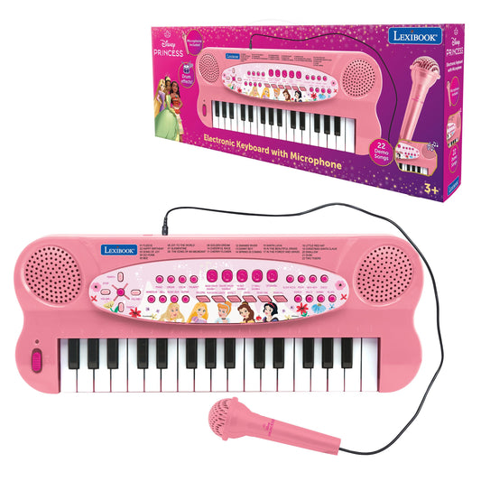 Disney Princess electronic keyboard with microphone, pink with white and black piano keys, speakers on sides, control buttons and song selection panel on top, i