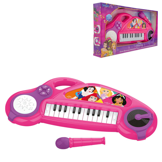 Disney Princess electronic keyboard in hot pink and purple with built-in microphone, drum pad, and DJ turntable feature