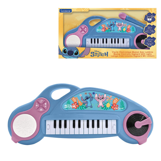 Stitch electronic keyboard with lights featuring blue body, pink controls, white keys, drum pad, microphone, and turntable, shown in packaging and product view