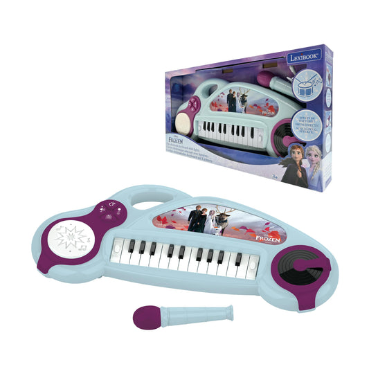 Frozen electronic keyboard with light-up drum pad, microphone, and built-in speaker; ice blue and purple design with character artwork