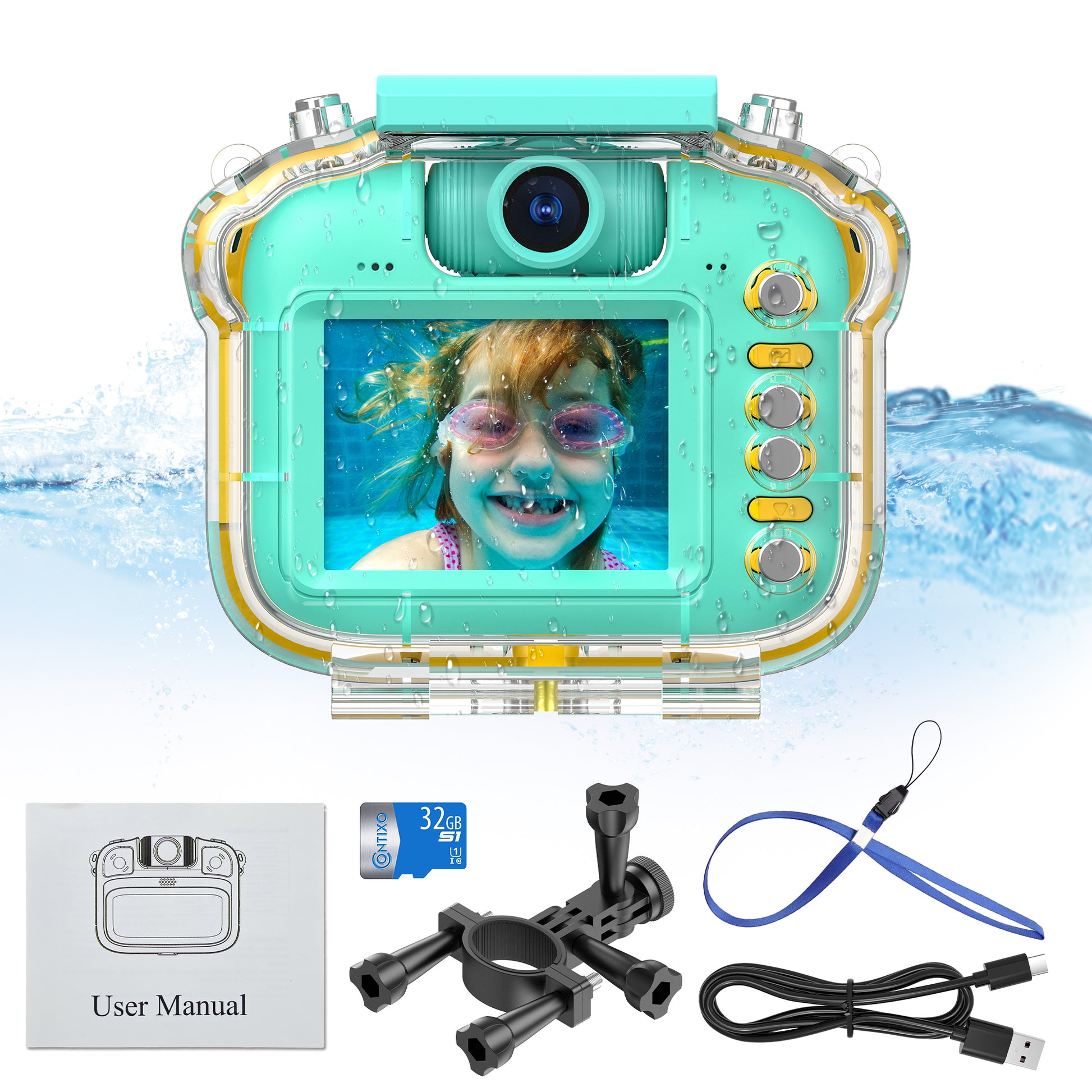 Turquoise waterproof kids camera with yellow accents, front and back displays shown with child underwater wearing goggles, includes 32GB memory card, mount, wri