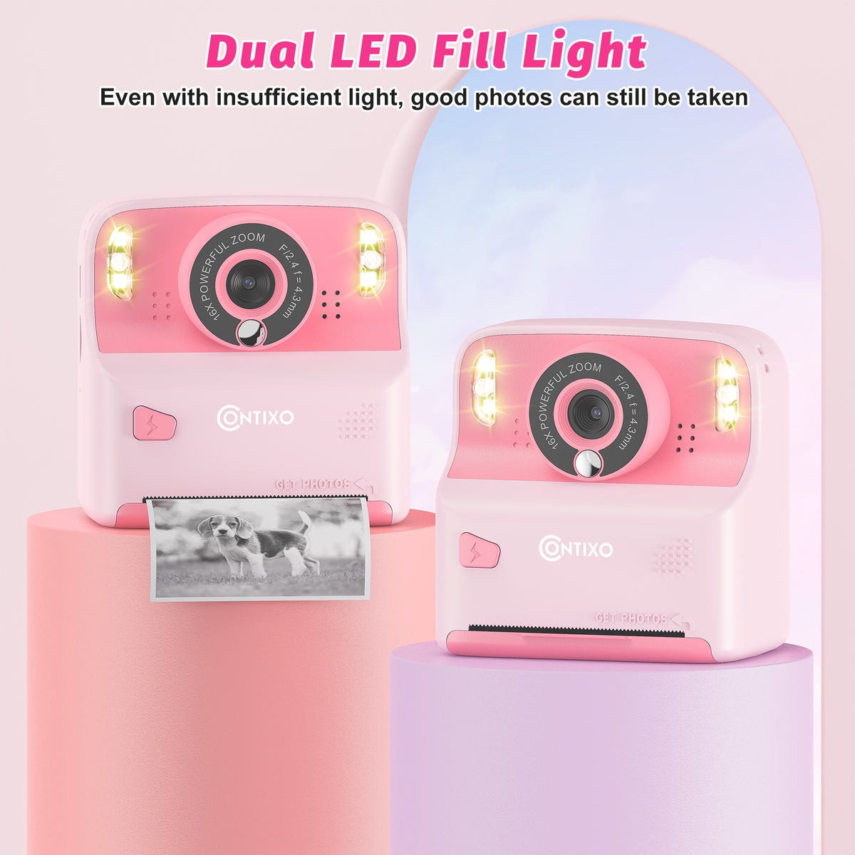 Contixo Instant Print Kids Camera Bundle, Kids & Toddlers 3 -12, 2.4" IPS Screen, 1080P, 26MP, Digital Camera + Video, 16x Zoom, Built-In Filters, Games & MP3 Player - Pink