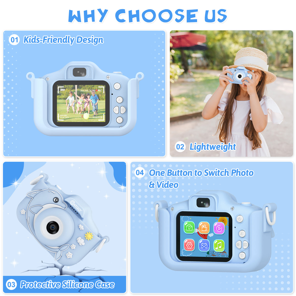 Contixo Digital Kids Camera 1080p HD, Games & Frames, Blue Dolphin Case