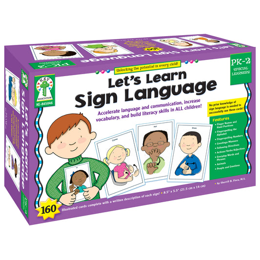 Let's Learn Sign Language cards by Key Education - 160 illustrated flashcards with written descriptions for PK-2 lear...