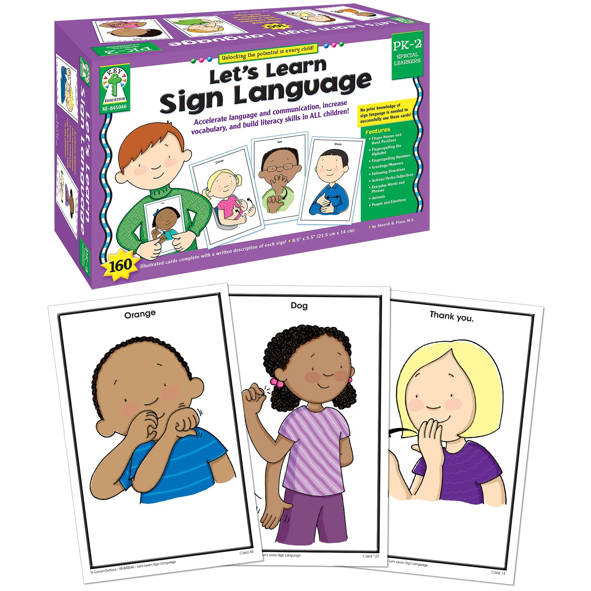 Let's Learn Sign Language 160 illustrated cards with written descriptions for PK-2 learners