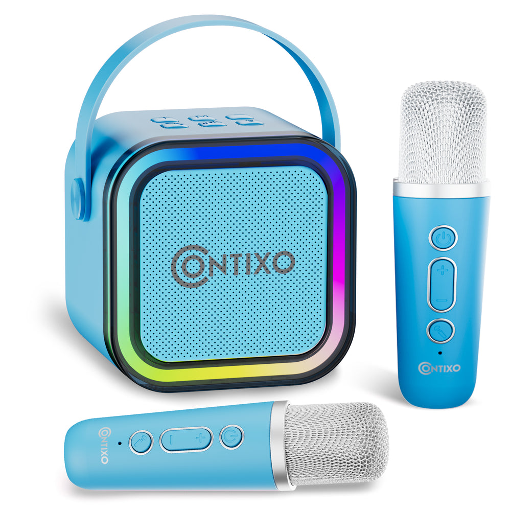 Blue Contixo karaoke machine with carrying handle, LED light-up speaker front, and two wireless microphones included