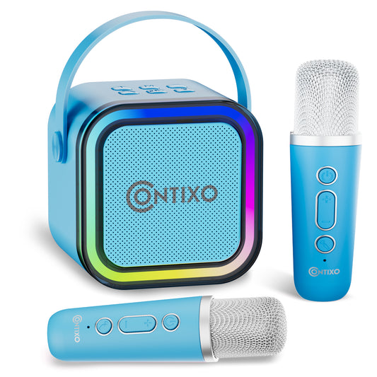 Blue Contixo karaoke machine with carrying handle, LED light-up speaker front, and two wireless microphones included