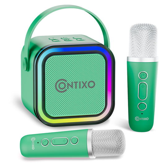 Contixo Mini Karaoke Machine in green with LED effects, Bluetooth speaker, and two wireless microphones with mesh heads