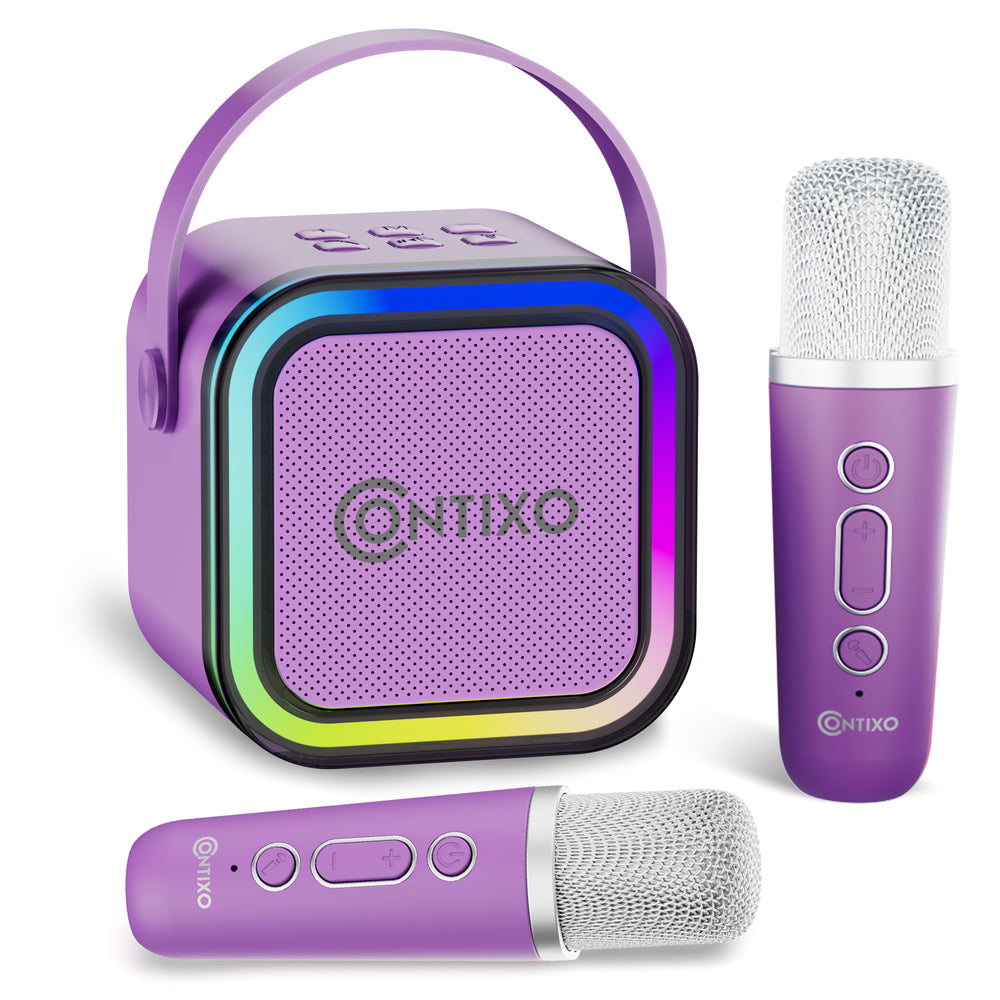 Contixo Mini Karaoke Dynamite portable Bluetooth speaker in purple with dual wireless microphones, showing glowing multicolor speaker face and control buttons