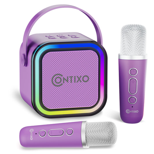 Contixo Mini Karaoke Dynamite portable Bluetooth speaker in purple with dual wireless microphones, showing glowing multicolor speaker face and control buttons